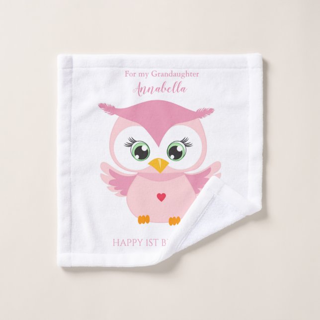 Petite-fille Premier Anniversaire Chouette Rose Mi (Gant de toilette)
