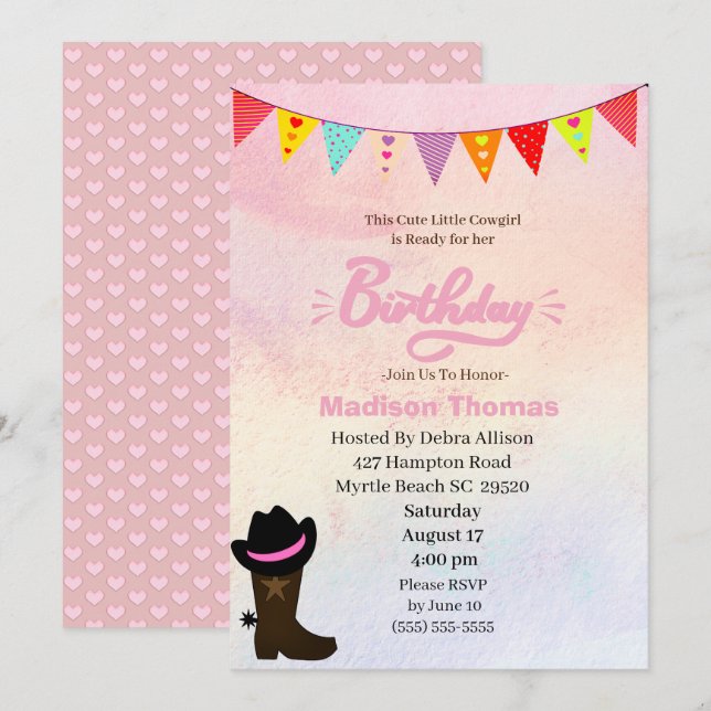Petite fille rose Invitation Anniversaire (Devant / Derrière)