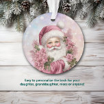 Petite-fille Rose Noël Bouquet de rose Père Noël<br><div class="desc">Voici un joli ornement de Noël pour cette petite-fille, cette fille ou cette nièce ! Une image classique du Père Noël est habillée de rose, et regarde d'un bouquet de roses roses. L'image est placée sur un arrière - plan bokeh rose et lavande. Le dos de l'ornement a le même...</div>