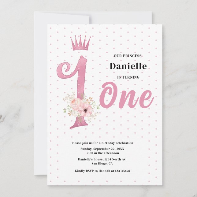 Petite fille rose première invitation anniversaire (Devant)