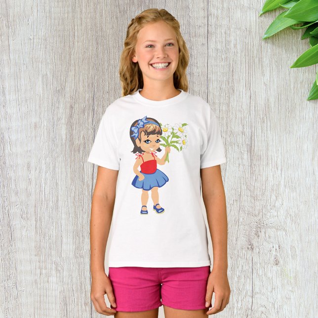Petite fille tenant des marguerites filles T-shirt (Créateur téléchargé)