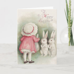 Petite Fille vintage Et Bunnies Pâques Carte Pâque
