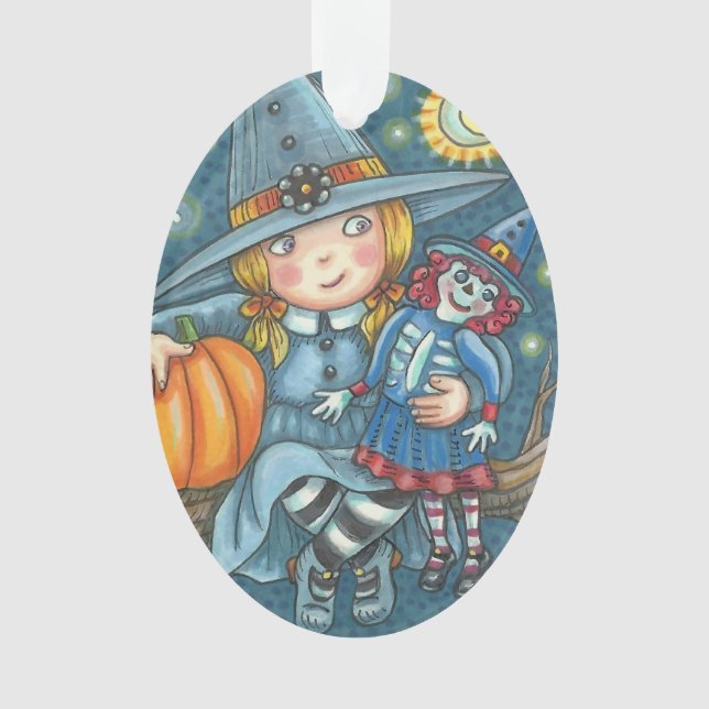 PETITE FILLE WITCH & RAG DOLL HALLOWEEN ORNAMENT (devant)