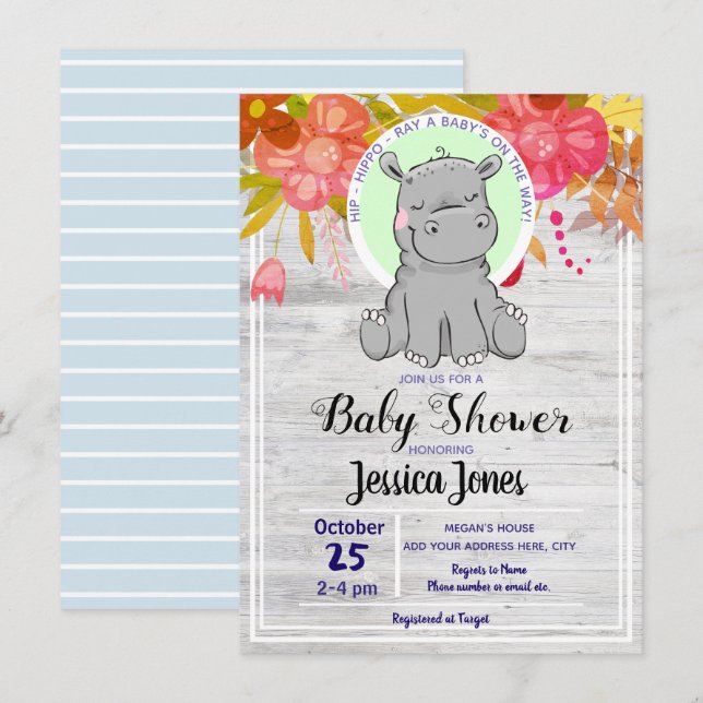 Petite Hippo Floral Baby Shower Invitations (Devant / Derrière)