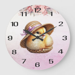 Petite horloge murale ruban rose poussin