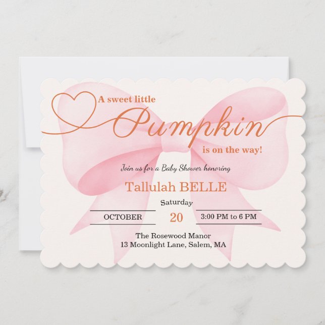 Petite invitation Baby shower Citrouille - Bow ros (Devant)