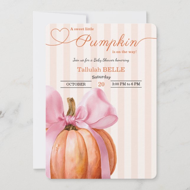 Petite invitation Baby shower Citrouille - Bow ros (Devant)