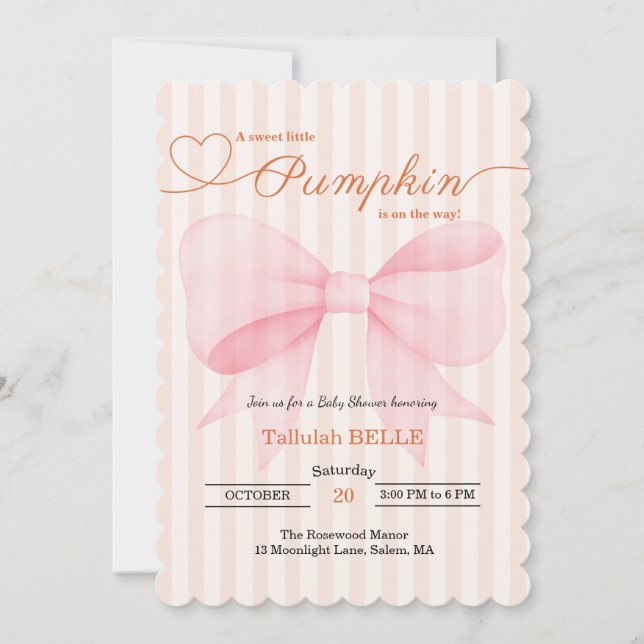 Petite invitation Baby shower Citrouille - Bow ros (Devant)