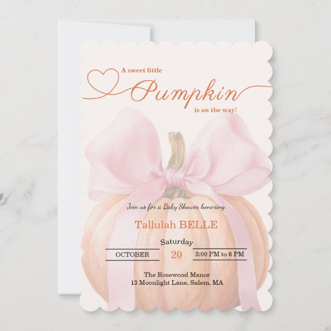Petite invitation Baby shower Citrouille - Bow ros (Devant)