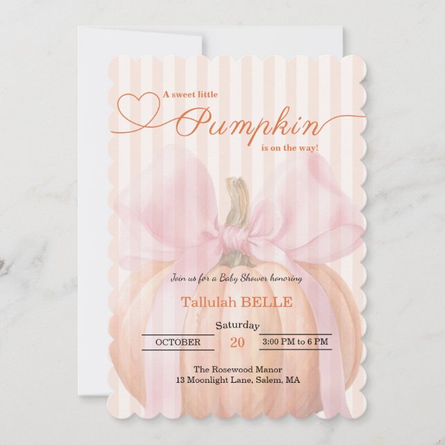 Petite invitation Baby shower Citrouille - Bow ros (Devant)