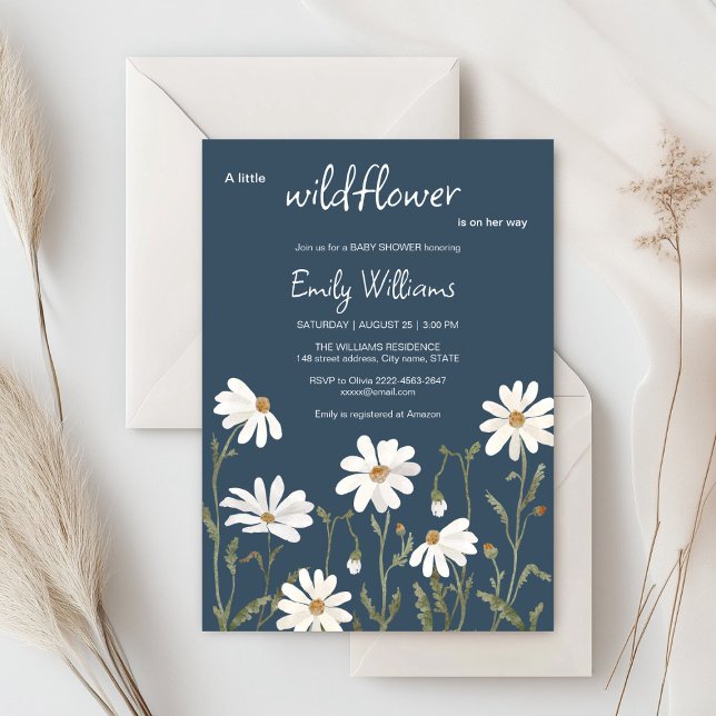Petite invitation baby shower de marguerite fleur  (Daisy wildflower watercolor baby in bloom floral shower invitation in navy colors, rustic, boho)