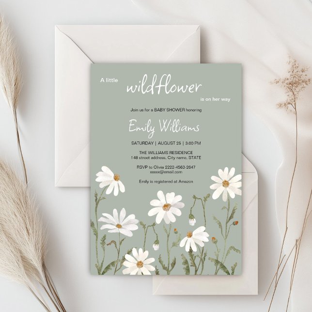 Petite invitation baby shower de marguerite fleur  (Daisy wildflower watercolor baby in bloom floral shower invitation in sage colors, rustic, boho)