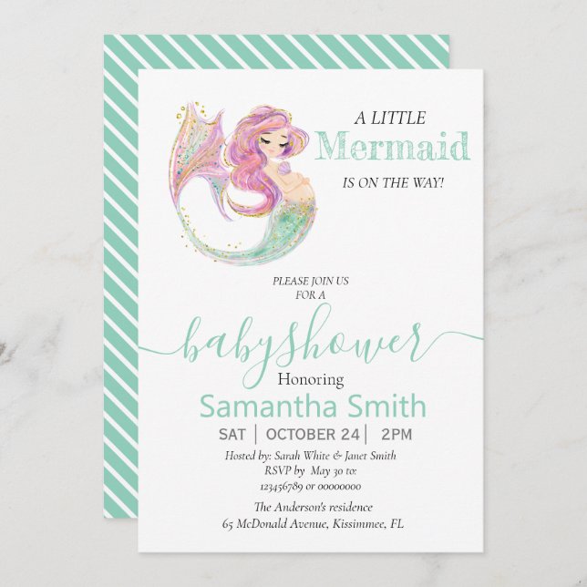 PETITE Invitation Baby shower VERT MERMAID (Devant / Derrière)