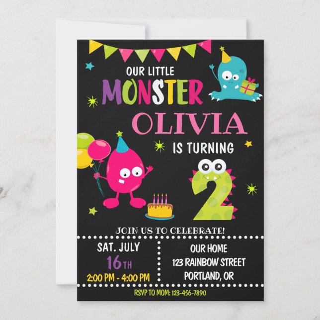 Petite invitation d'anniversaire monstre fille (Devant)