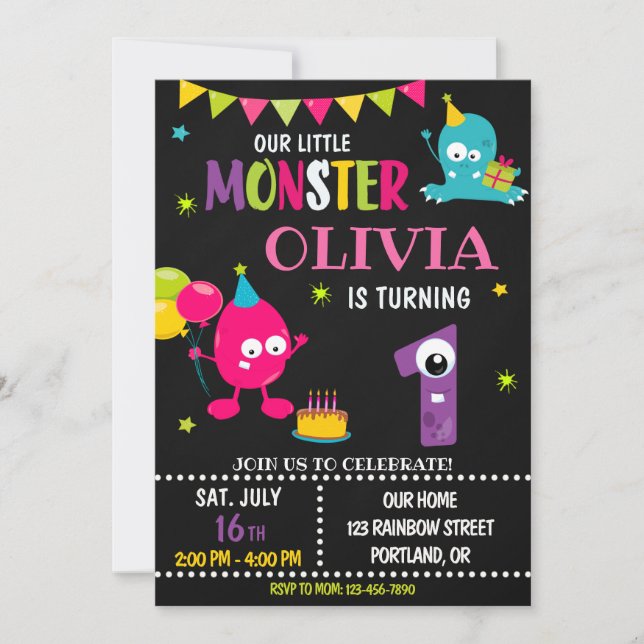 Petite invitation d'anniversaire monstre fille (Devant)
