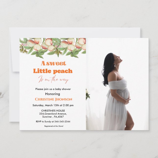 Petite invitation de baby shower de pêche douce (Devant)