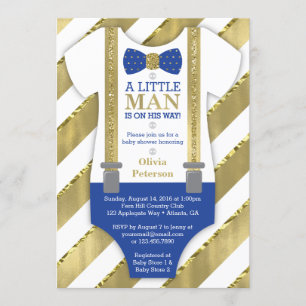 Petite invitation de baby shower d'homme, bleu, or