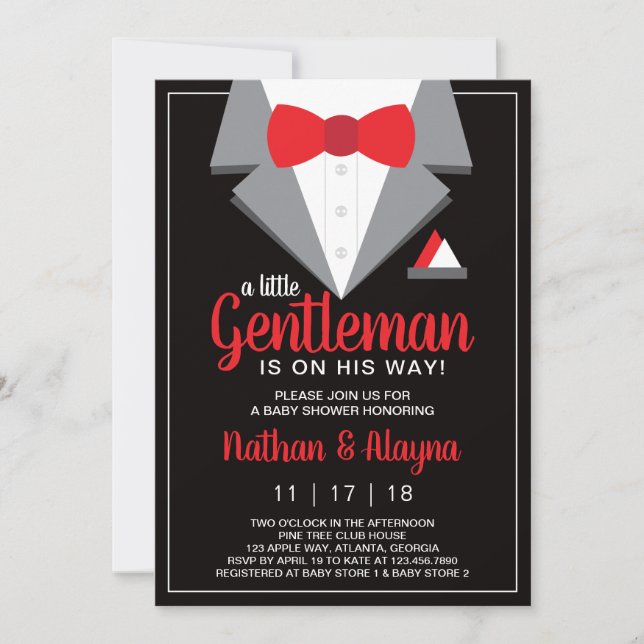 Petite invitation de Baby shower Gentleman, Tuxedo (Devant)
