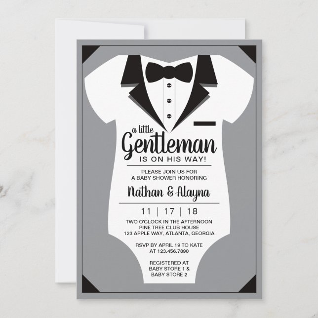 Petite invitation de Baby shower Gentleman, Tuxedo (Devant)