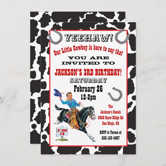 Petite invitation de fête d'anniversaire de cowboy (Devant / Derrière)