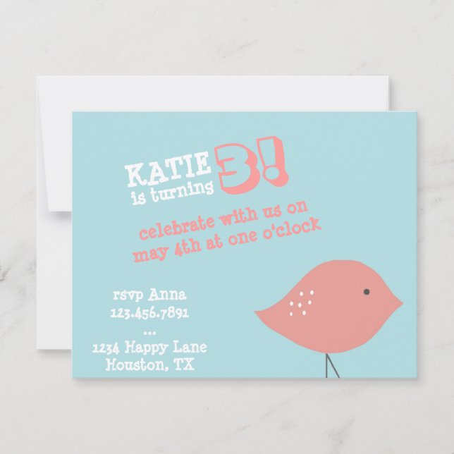 Petite invitation de fête d'anniversaire d'oiseau (Devant)