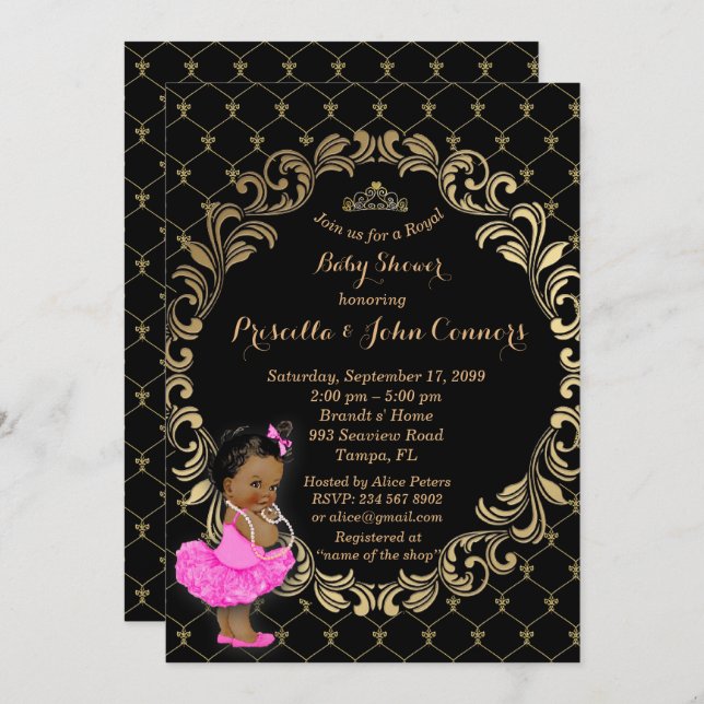 Petite invitation de princesse baby shower, noire (Devant / Derrière)