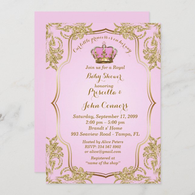 Petite invitation de princesse baby shower, or, (Devant / Derrière)