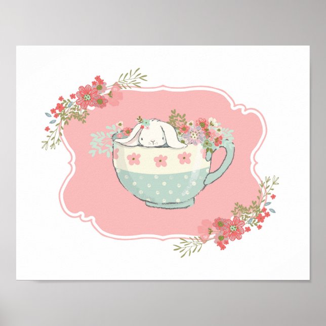 Petite lapin dans un thé Pink Nursery Poster d'art (Devant)