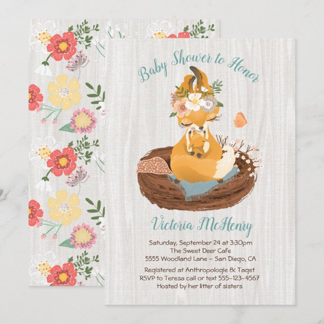 Petite mamma fox & bébé fox invitations à la douch (Devant / Derrière)