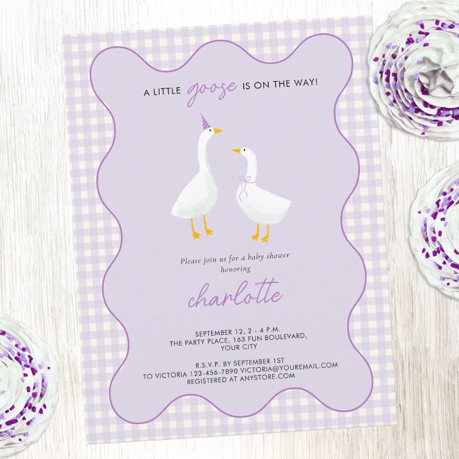 Petite Oie En vichy Lilac Baby shower Invitation (A little goose is on the way cute geese themed pastel lilac purple gingham check baby shower invite)