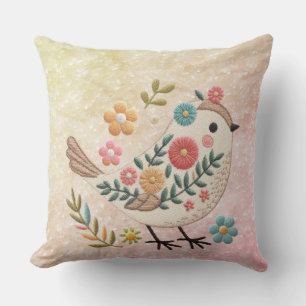 Petite Oiseau Fleurs Feuilles Oreiller rose