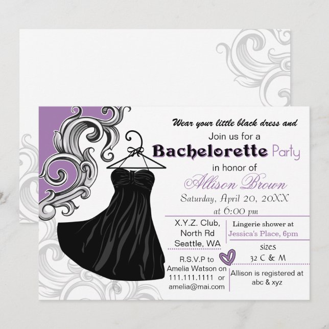 Petite robe noire bachelorette invitation (Devant / Derrière)