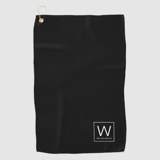 Petite serviette de golf noire à monogramme discre (Devant)