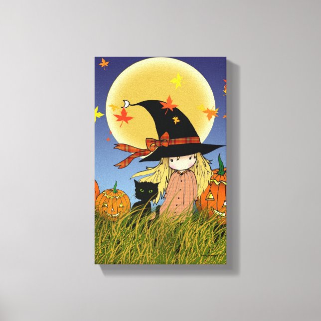Petite Sorcière avec Chat Noir Impression sur Toil (Recto)