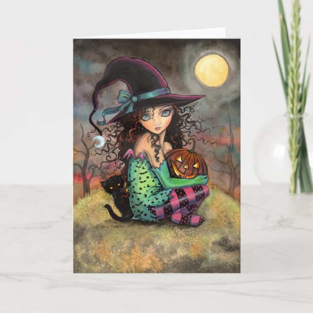 Petite sorcière d'Halloween et carte de chat noir (Devant)