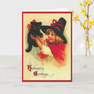 Petite sorcière et carte vintage Halloween de chat