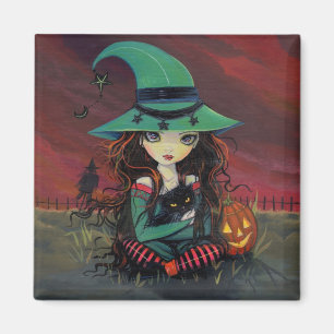 Petite Sorcière et Chat Noir Magnet de Halloween