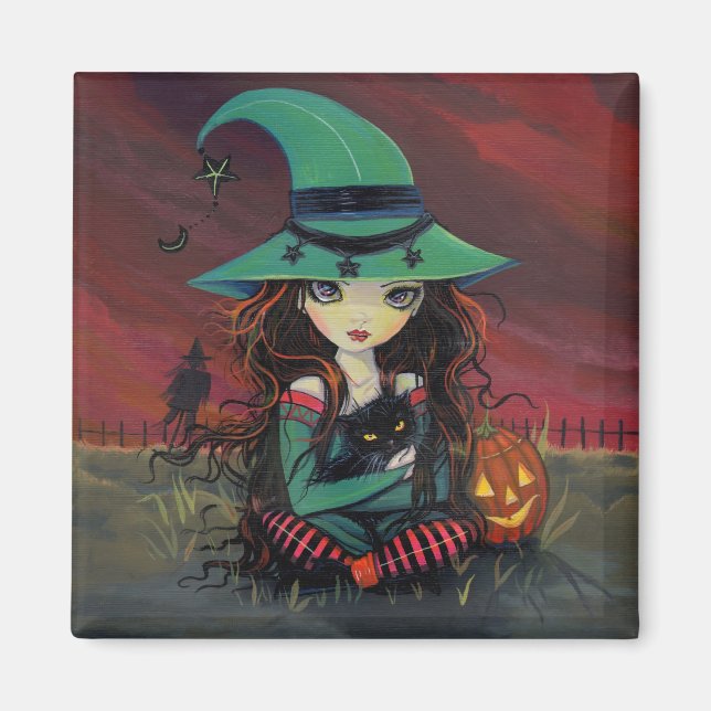 Petite Sorcière et Chat Noir Magnet de Halloween (Devant)