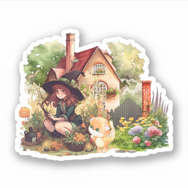 Petite Sorcière Et Renard Mignon | Autocollant (Devant)