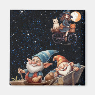Petite Sorcière & Gnome Heureux Dans Magnet Nuit É