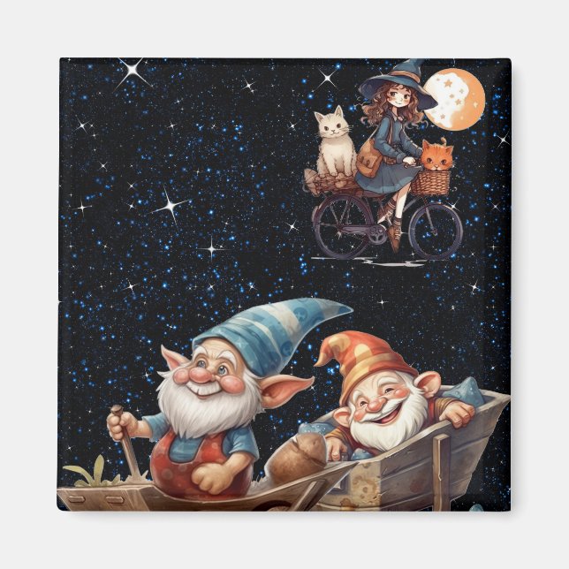 Petite Sorcière & Gnome Heureux Dans Magnet Nuit É (Devant)