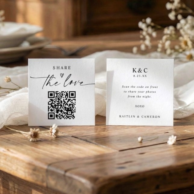 Petites Cartes Modernes Partagez l'Amour avec Code (Small photo sharing qr code cards for wedding receptions - front and back sides.)