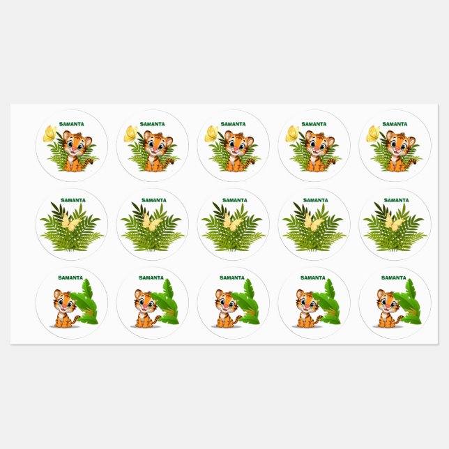 Petites étiquettes étanches Tigre & Papillon (Feuille)
