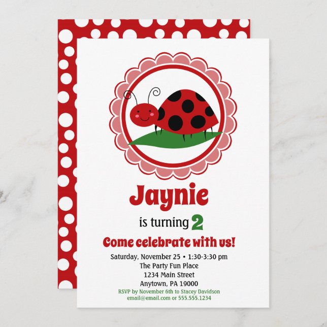 Petites filles Ladybug Invitation d'anniversaire (Devant / Derrière)