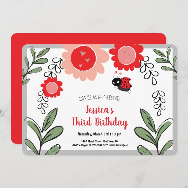 Petites filles Ladybug Invitations de fête d'anniv (Devant / Derrière)