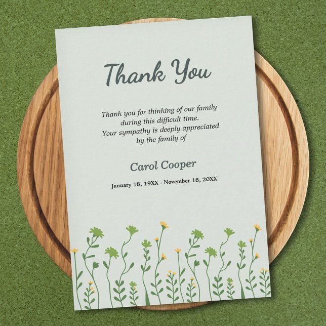Petites fleurs - Carte de remerciements funéraire  (Small Flowers - Green Funeral Thank You Card)