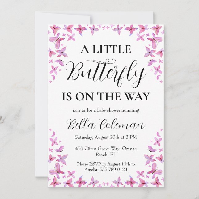 petites invitations à la douche pour bébé papillon (Devant)