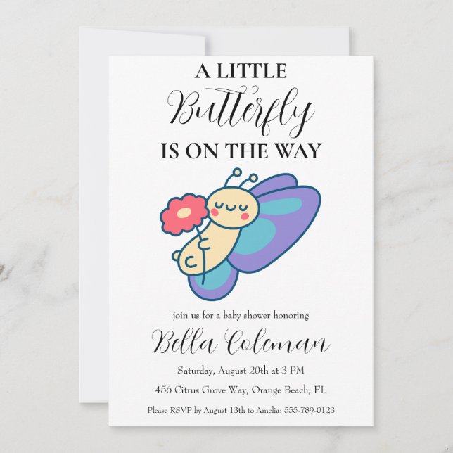 petites invitations à la douche pour bébé papillon (Devant)