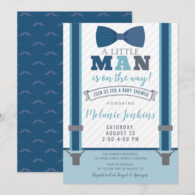 Petites invitations de baby shower d'homme pour le (Devant / Derrière)