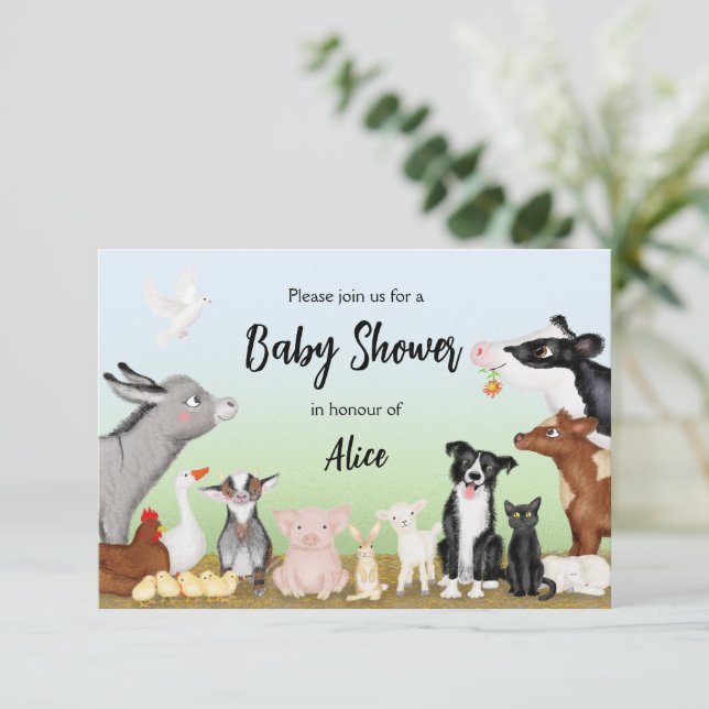 Petits animaux de ferme baby shower invitation (pe (Debout devant)